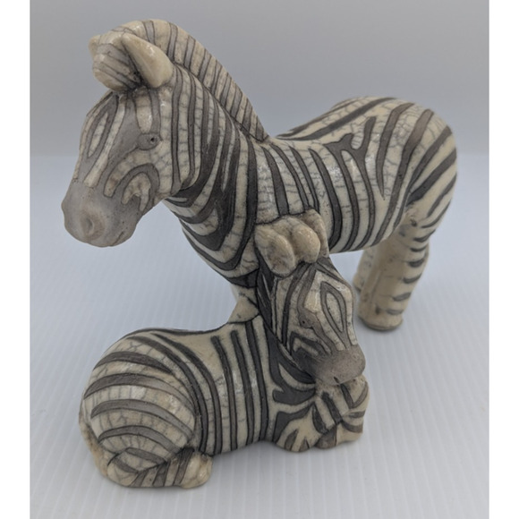Mosaic Pottery Zebra w Foal Raku South Africa Signed Colorful 6.5"H